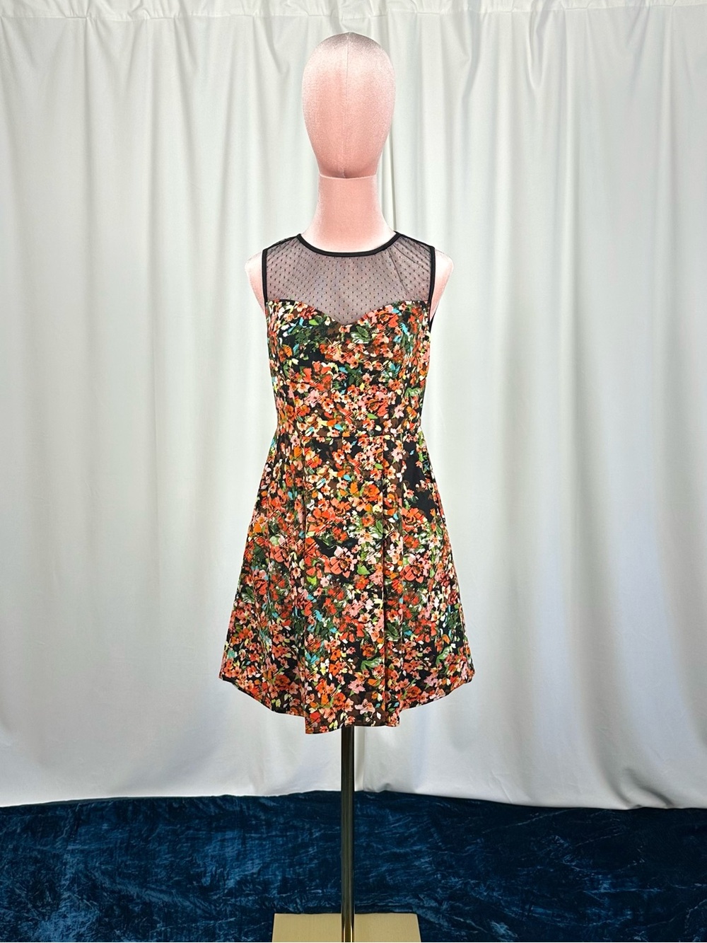 B. Smart Black Floral Fit & Flare Dress with Sheer Mesh Yoke